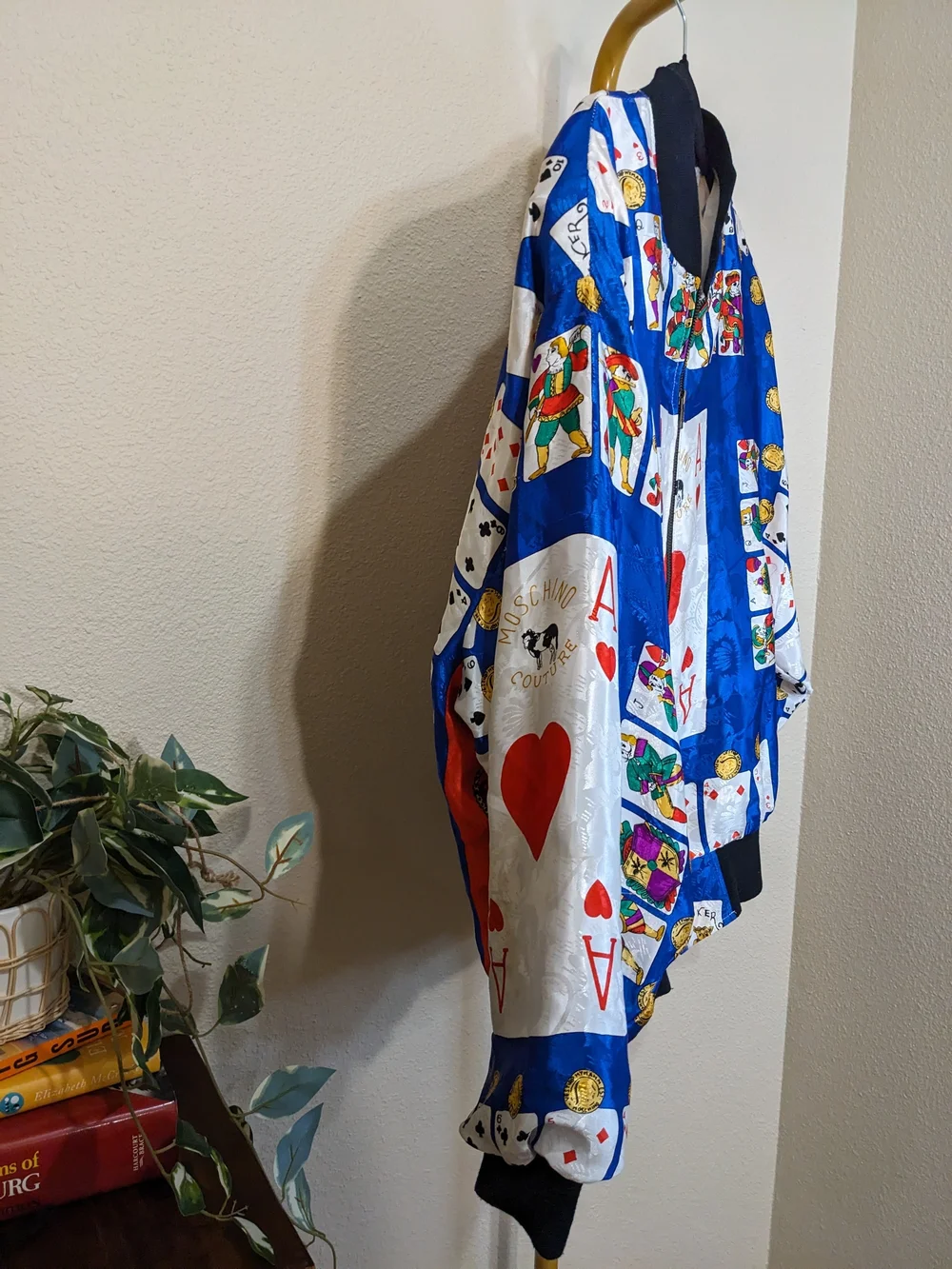 Vintage Mighty Satin Bomber Jacket XL Blue Casino Playing Cards Poker Moschino